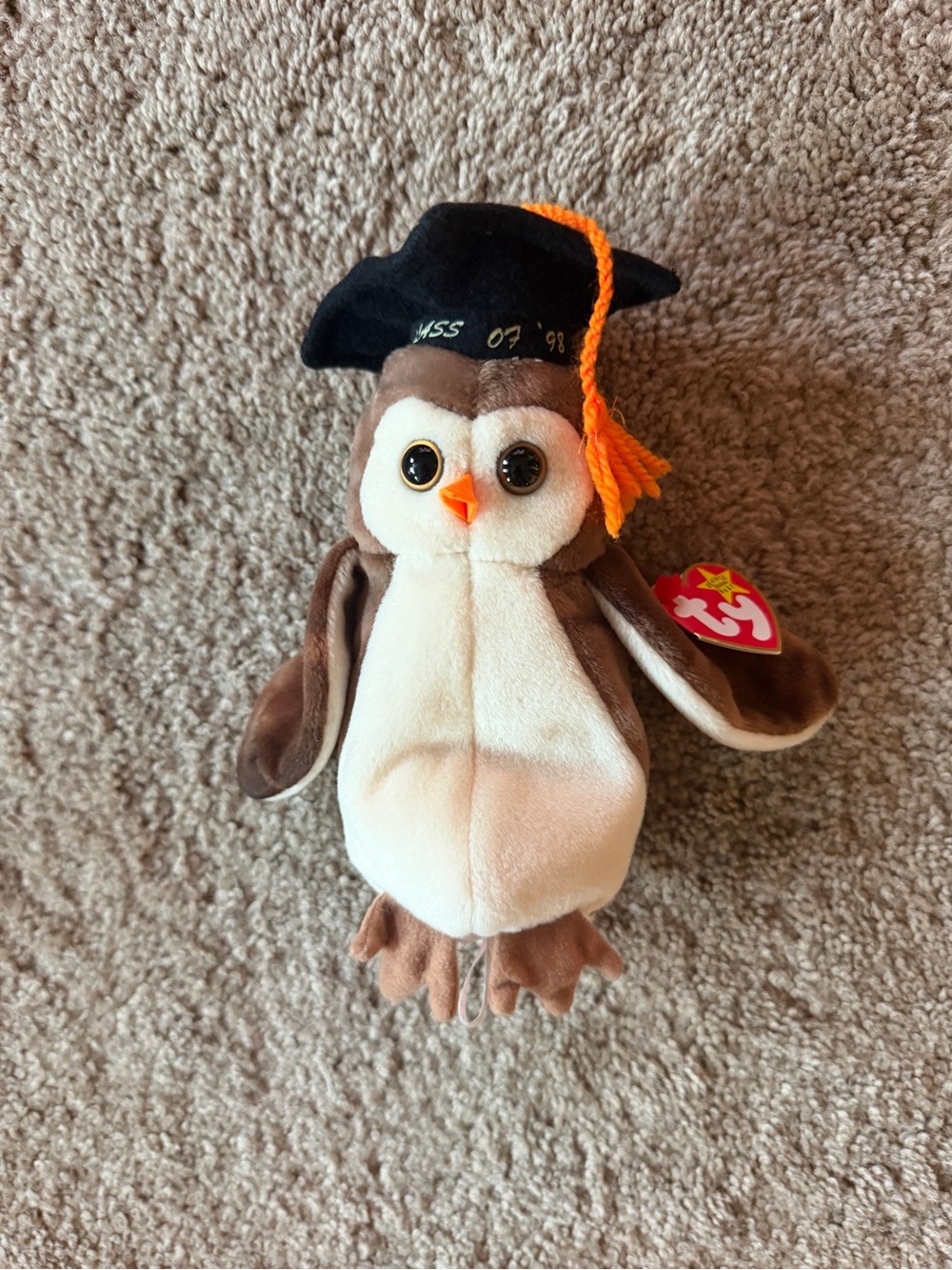 NWT Ty Brown & Cream Plush Beanie Baby Owl with Graduation Cap - Wise 5/31/1997.